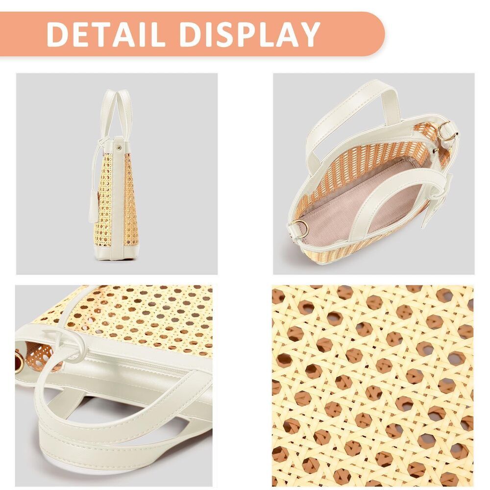 3842 Beach Bag, Bamboo Openwork Straw Bag Stitched Leather, With Adjustable - Picture 5 of 9